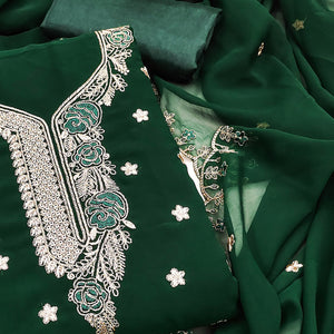 Bottle Green Dress Material Featuring Delicate Floral Thread & Zari Embroidery Work On Georgette