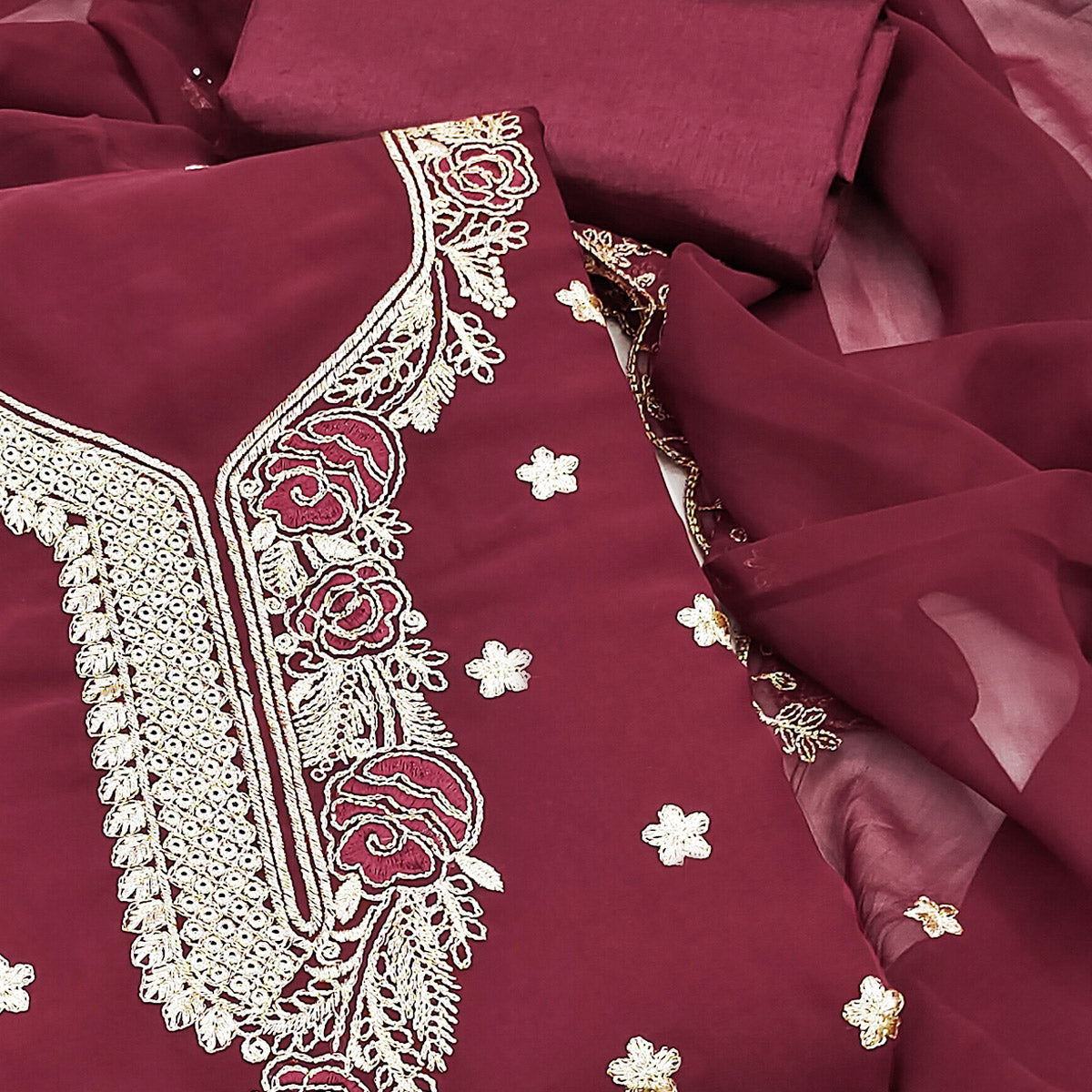 Maroon Dress Material Featuring Delicate Floral Thread & Zari Embroidery Work On Georgette
