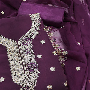 Wine Dress Material Featuring Delicate Floral Thread & Zari Embroidery Work On Georgette