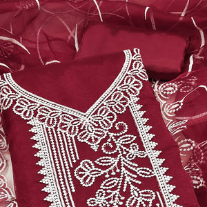 Maroon Organza Dress Material With Alluring Thread Floral Embroidery