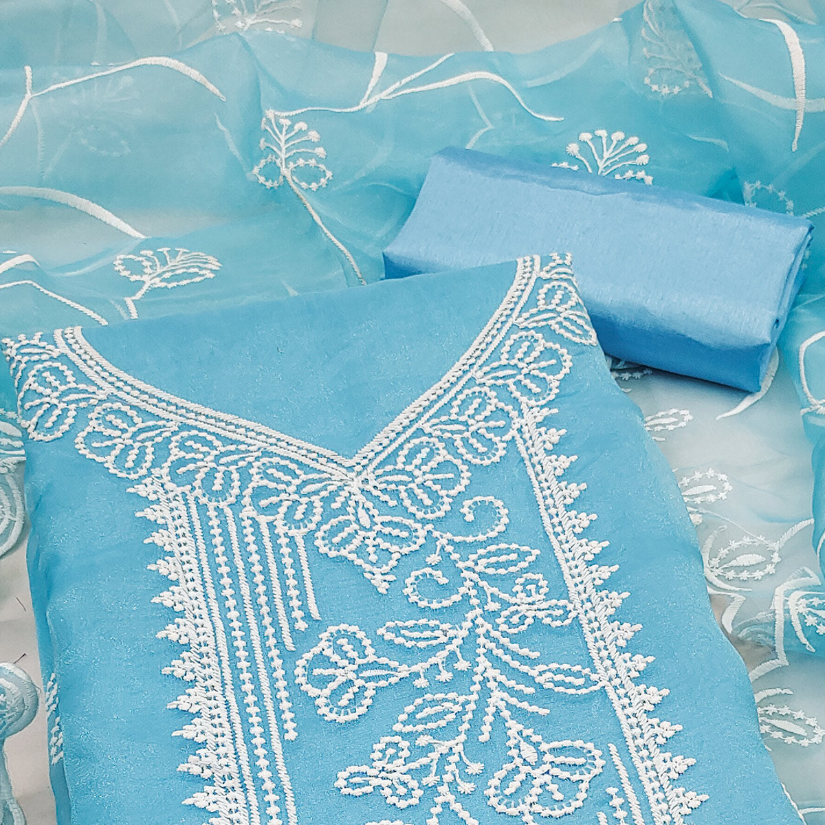 Sky Blue Organza Dress Material With Alluring Thread Floral Embroidery