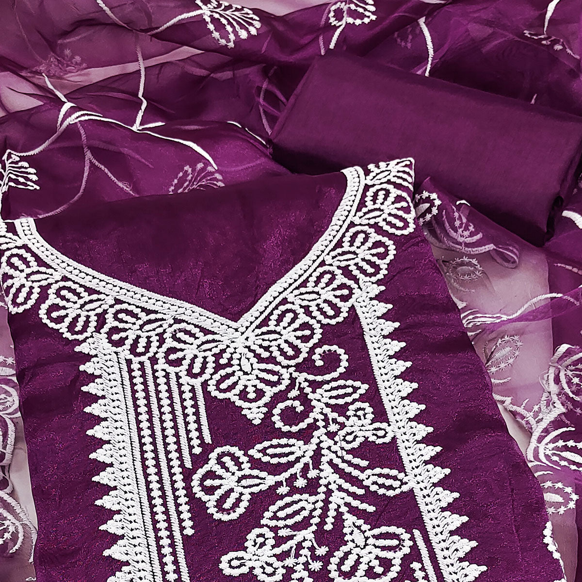 Wine Organza Dress Material With Alluring Thread Floral Embroidery