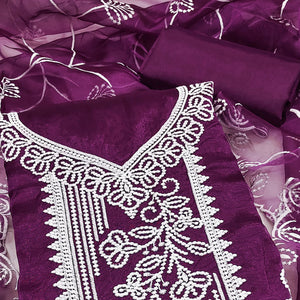 Wine Organza Dress Material With Alluring Thread Floral Embroidery