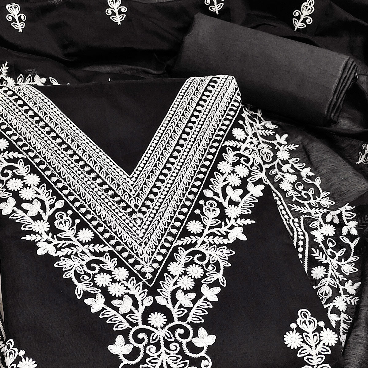 Traditional Black Chanderi Silk Suit Fabric with Embroidered Floral Patterns
