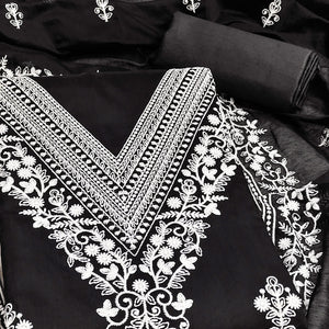 Traditional Black Chanderi Silk Suit Fabric with Embroidered Floral Patterns