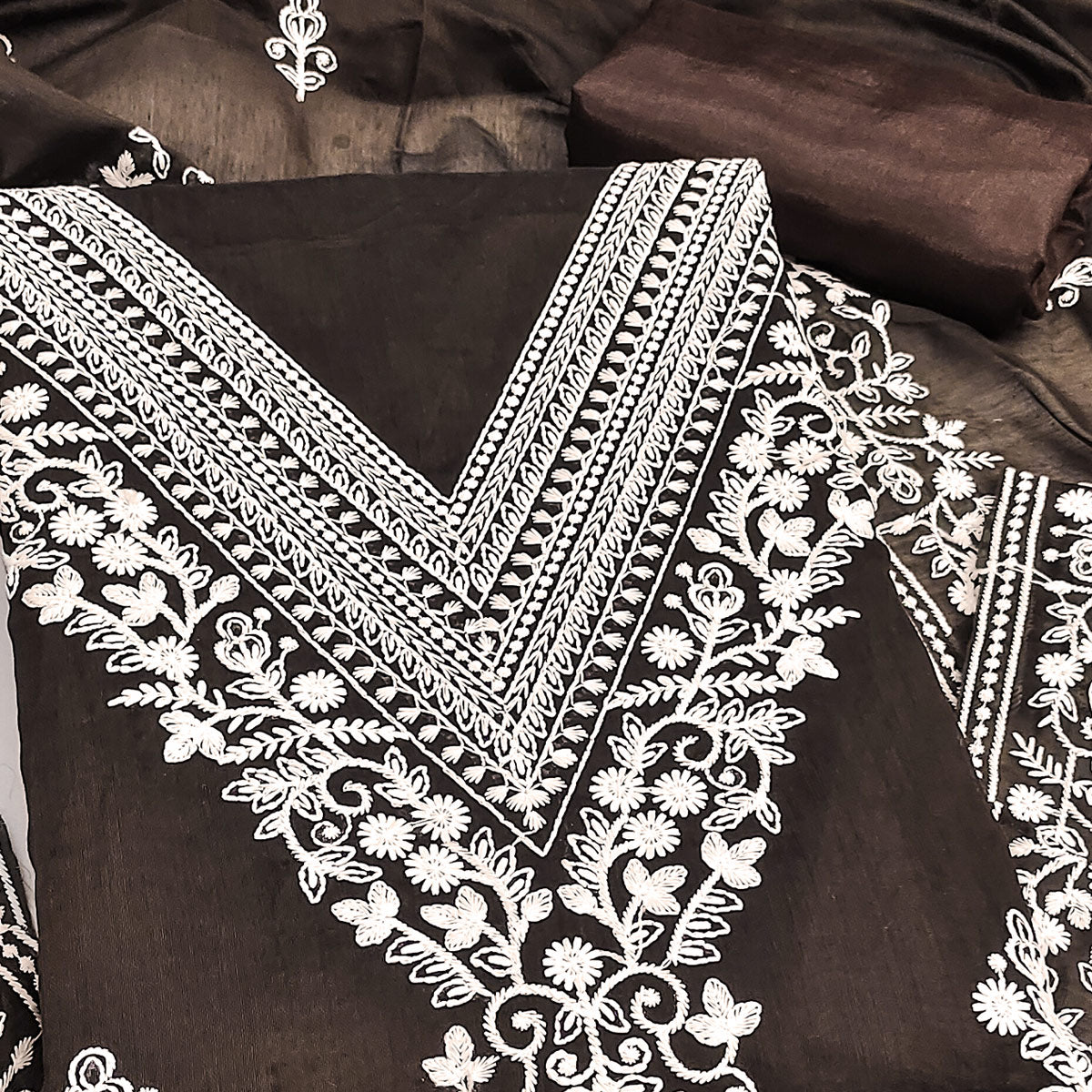 Traditional Brown Chanderi Silk Suit Fabric with Embroidered Floral Patterns