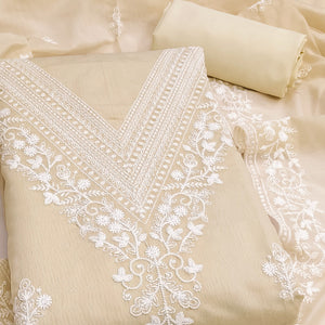 Traditional Cream Chanderi Silk Suit Fabric with Embroidered Floral Patterns