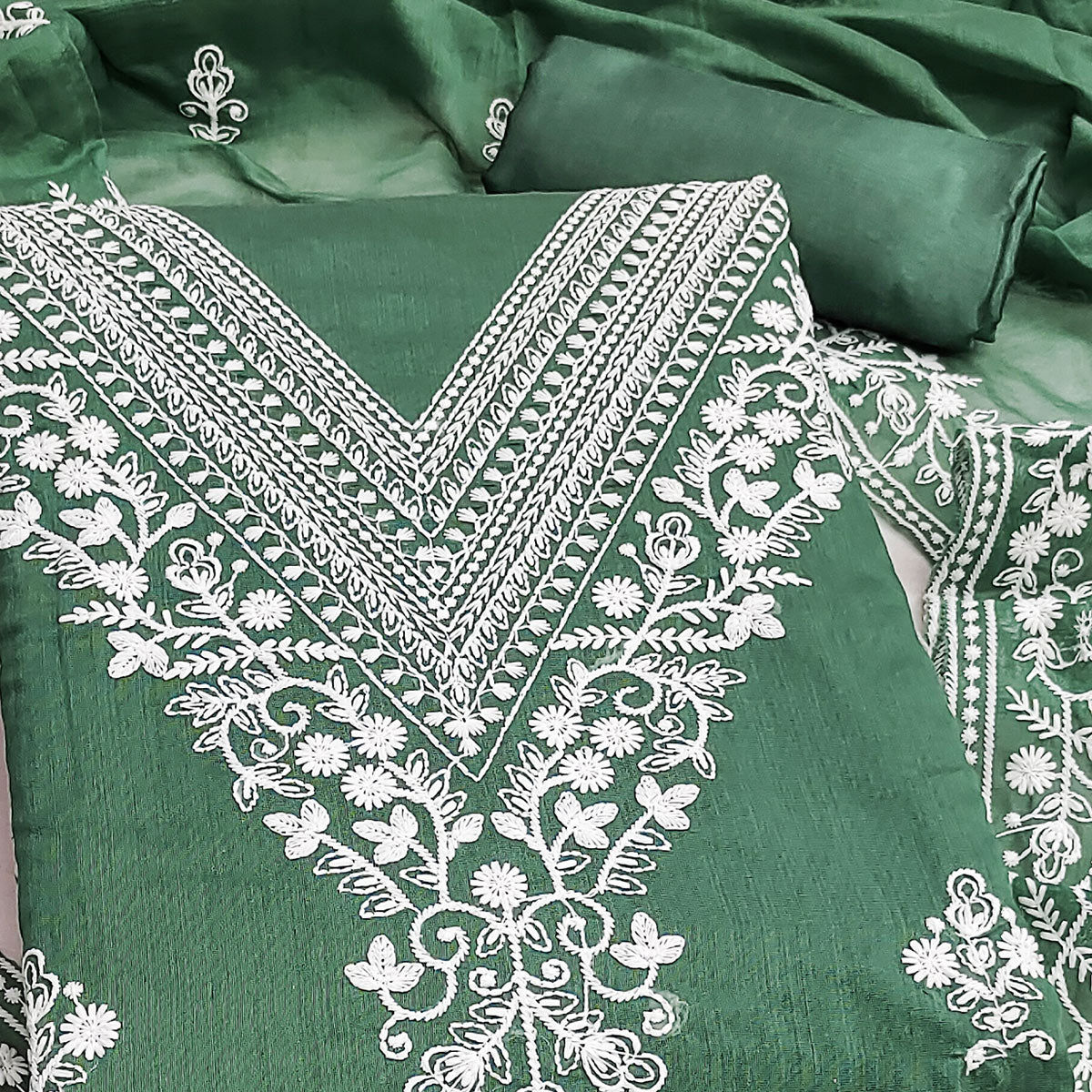 Traditional Green Chanderi Silk Suit Fabric with Embroidered Floral Patterns