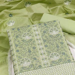 Green Floral Embroidery Cotton Fabric for Ethnic Wear and Everyday Grace