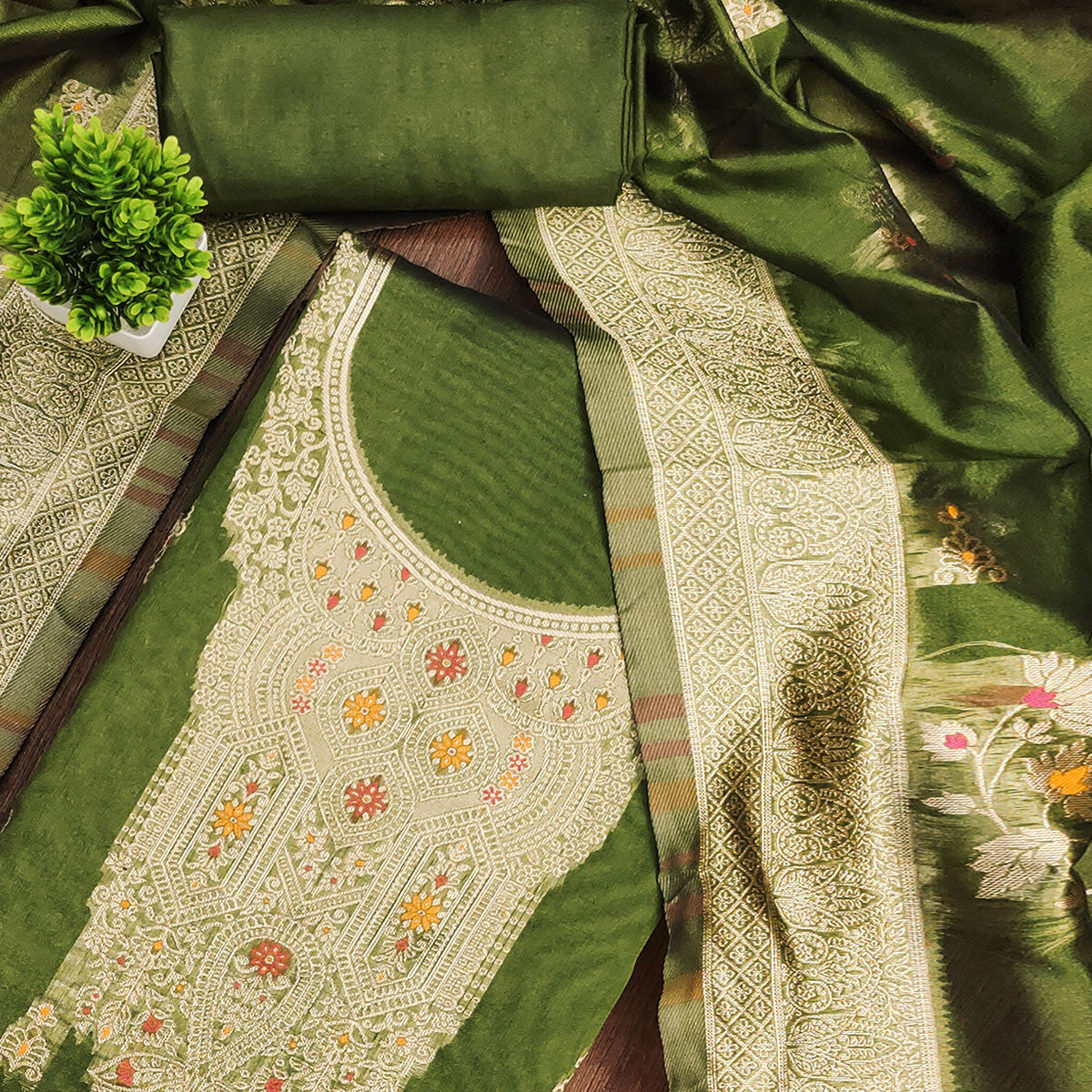 Green Unstitched Dress Material in Sheer Chanderi Silk with Zari Work
