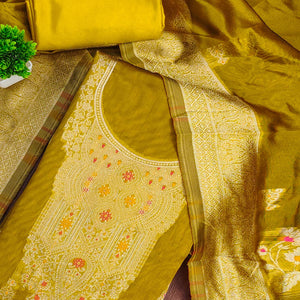 Olive Unstitched Dress Material in Sheer Chanderi Silk with Zari Work
