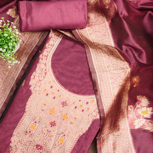 Wine Unstitched Dress Material in Sheer Chanderi Silk with Zari Work