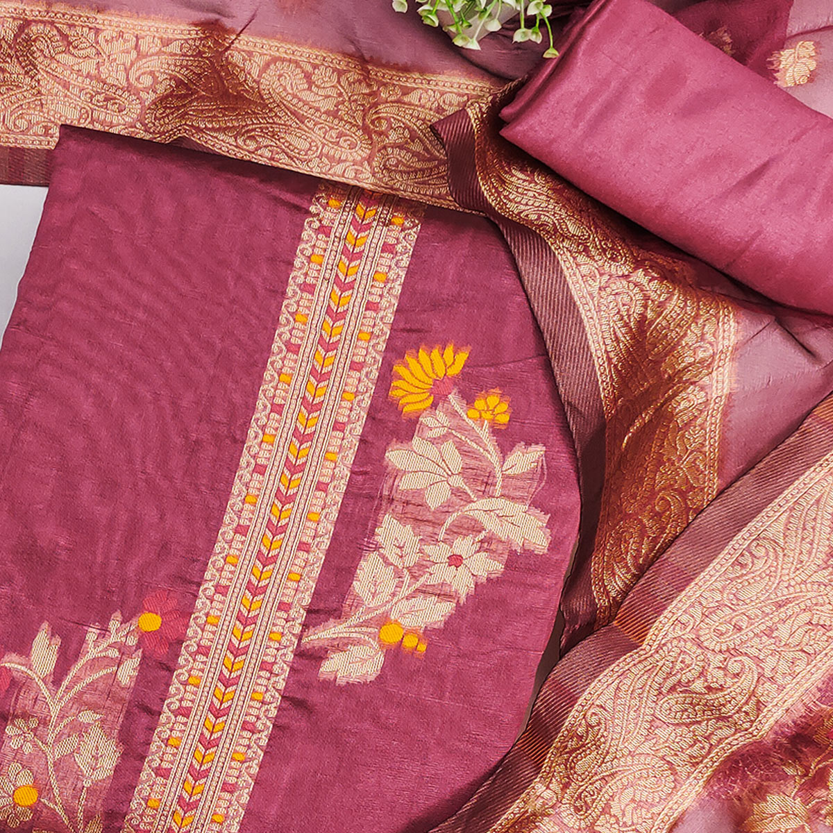 Pink Chanderi Silk Dress Material Adorned With Elegant Floral Zari Weaving