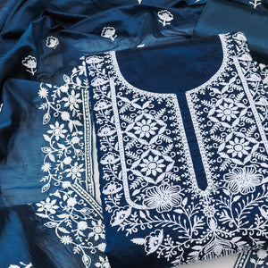 Blue Chanderi Silk Dress Material Enhanced with Delicate Floral Thread Embroidery