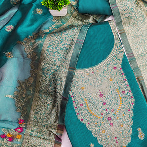 Teal Chanderi Silk Fabric with Intricate Floral Zari Woven Detailing