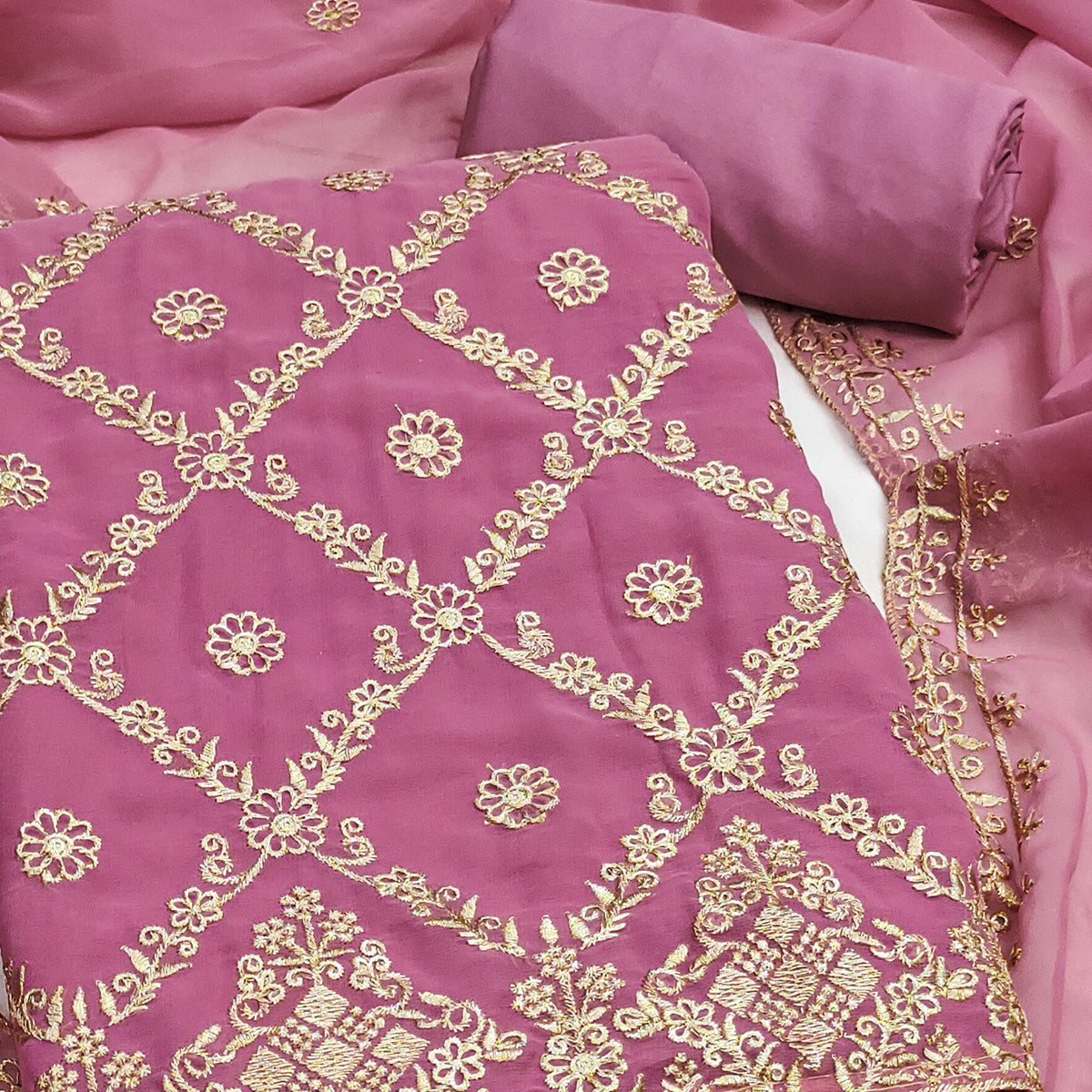 Pink Georgette Dress Material Adorned With Floral Zari Embroidery Work