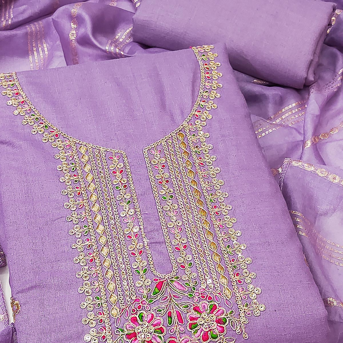 Lavender Cotton Blend Dress Material Adorned With Floral Cording Embroidery & Sequins work