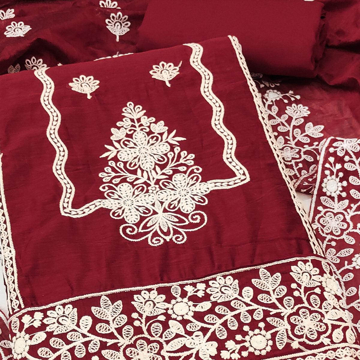 Maroon Chanderi Silk Dress Material With Exquisite Floral Thread Embroidery