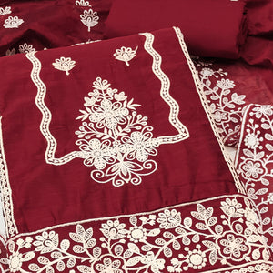 Maroon Chanderi Silk Dress Material With Exquisite Floral Thread Embroidery