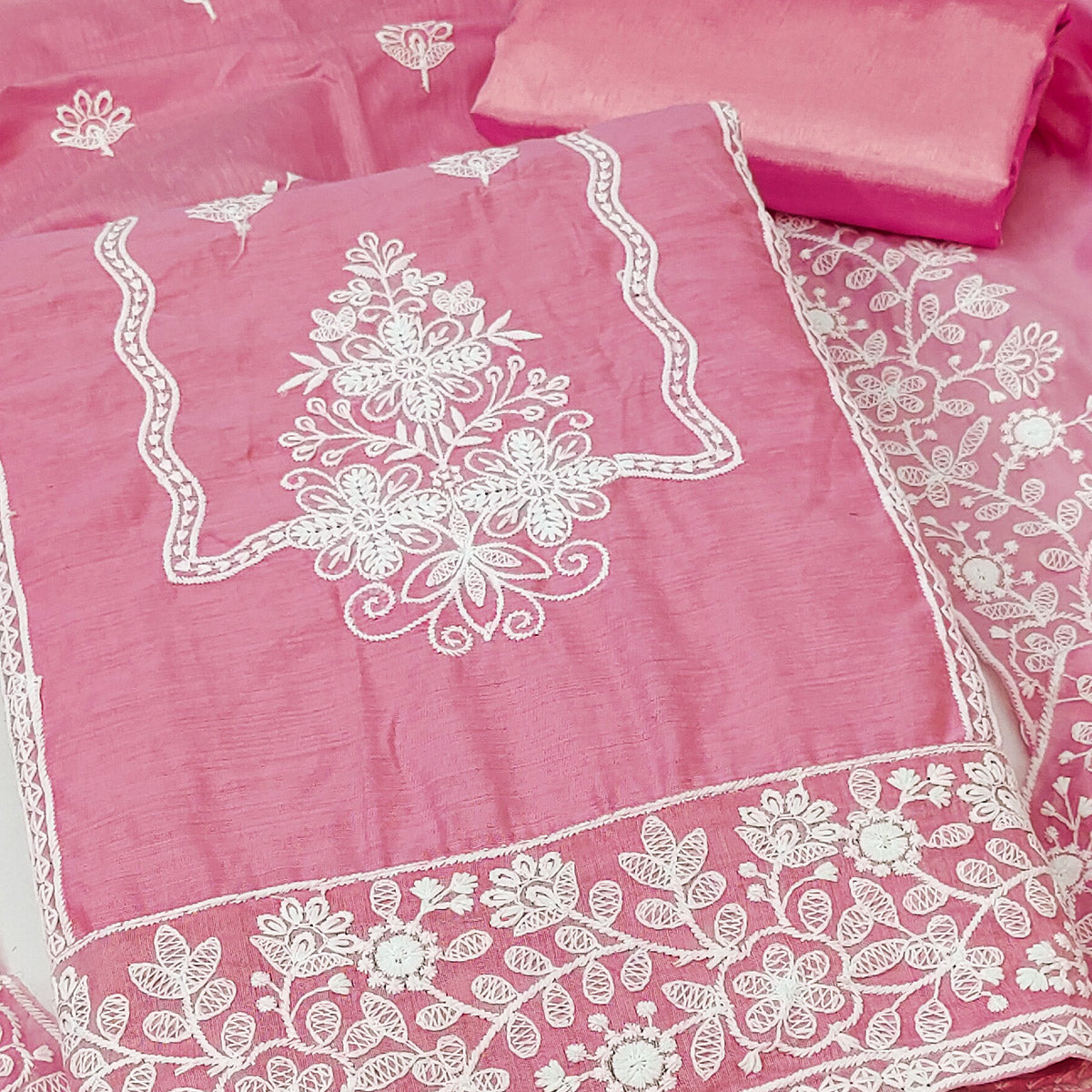 Pink Chanderi Silk Dress Material With Exquisite Floral Thread Embroidery