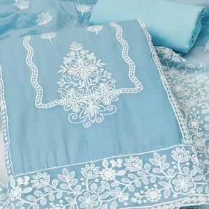 Sky Blue Chanderi Silk Dress Material With Exquisite Floral Thread Embroidery