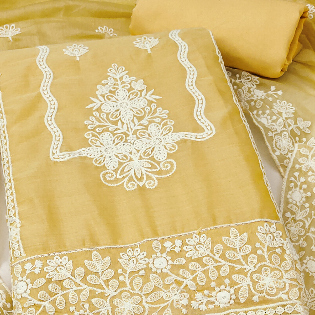 Yellow Chanderi Silk Dress Material With Exquisite Floral Thread Embroidery