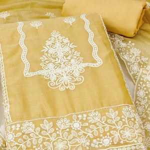 Yellow Chanderi Silk Dress Material With Exquisite Floral Thread Embroidery