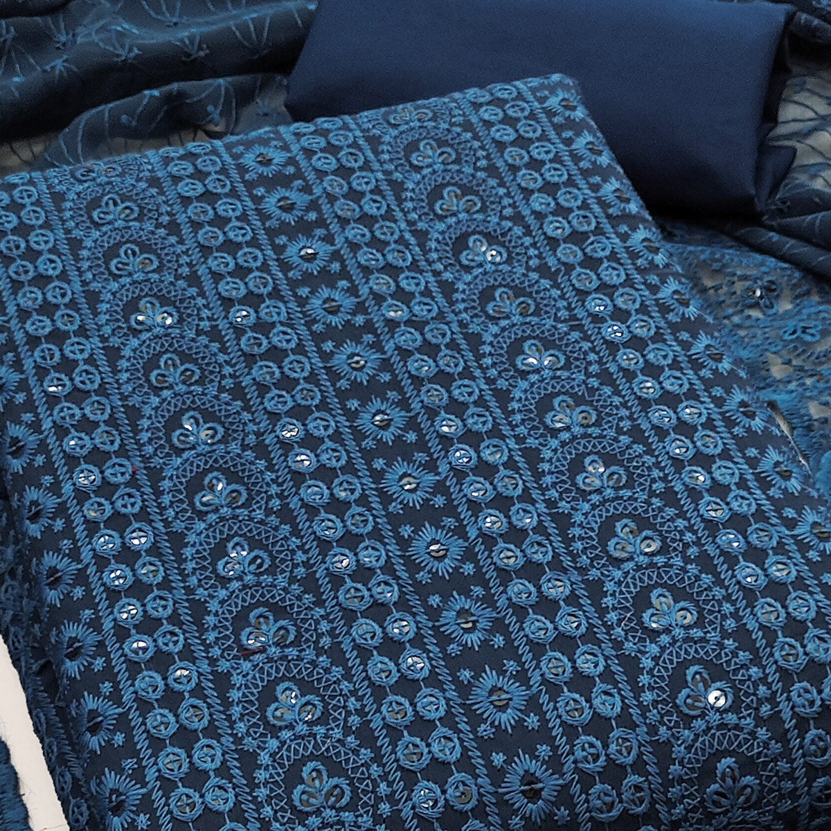 Blue Georgette Dress Material With Intricate Floral Thread & Sparkling Sequins Work