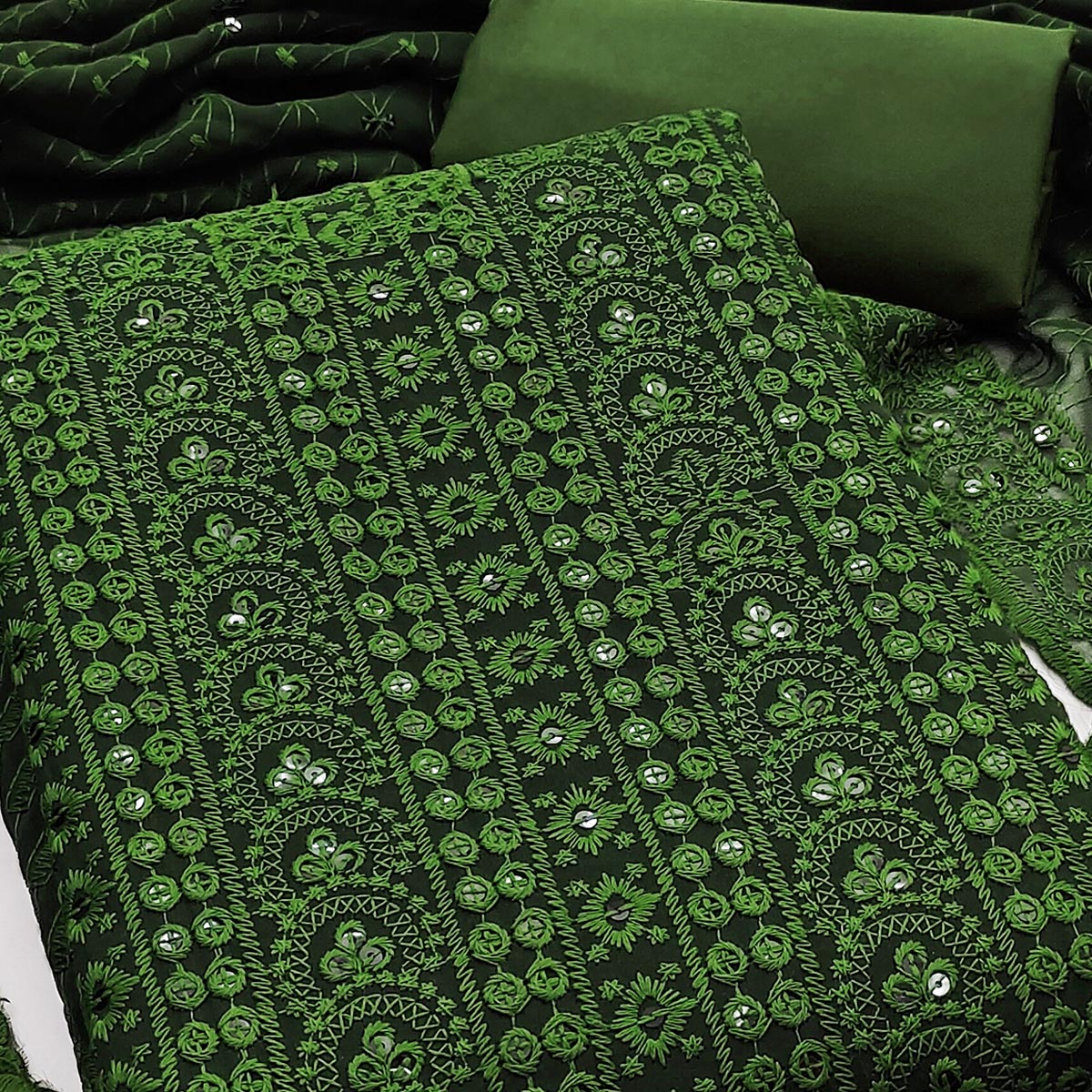 Mehendi Green Georgette Dress Material With Intricate Floral Thread & Sparkling Sequins Work