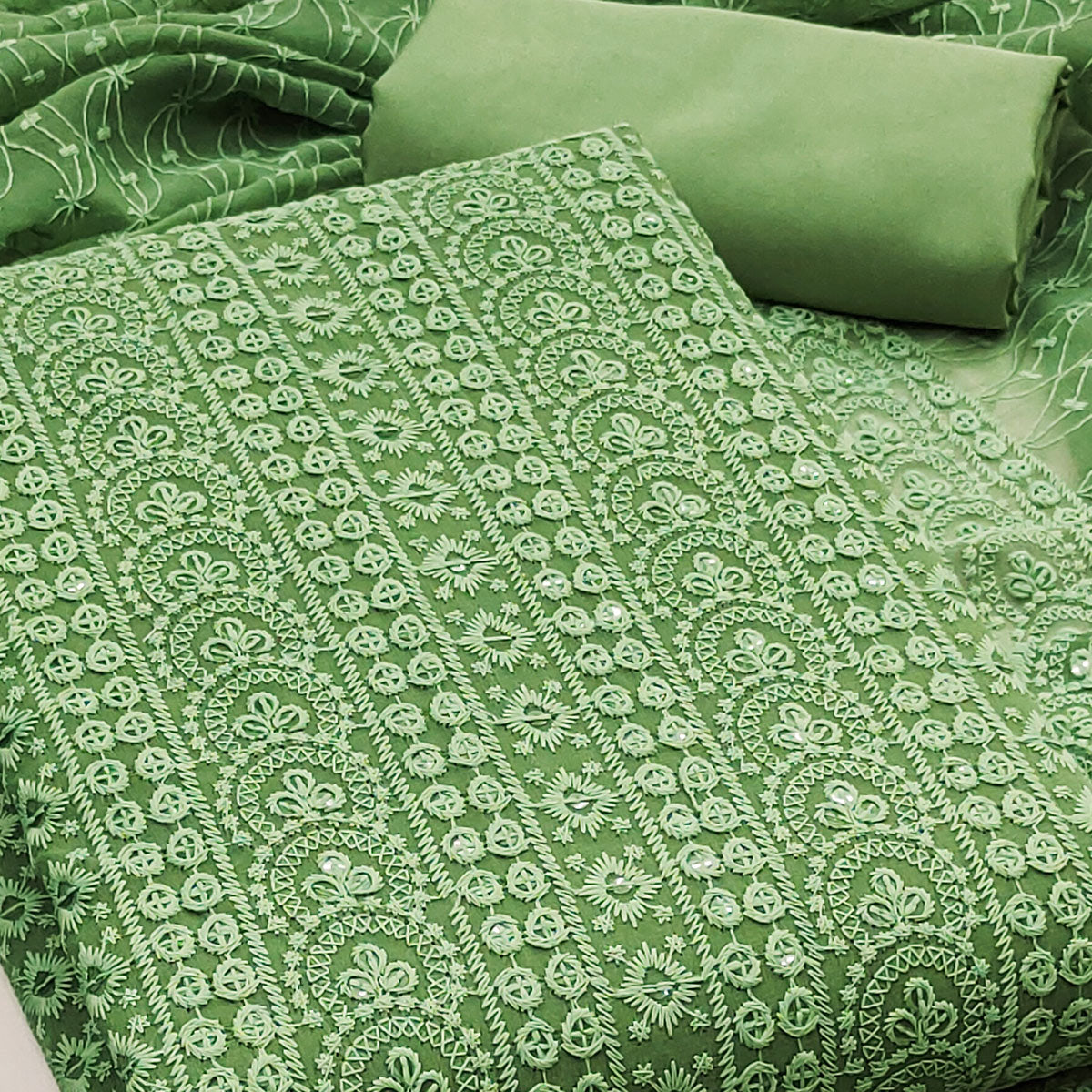 Pista Green Georgette Dress Material With Intricate Floral Thread & Sparkling Sequins Work