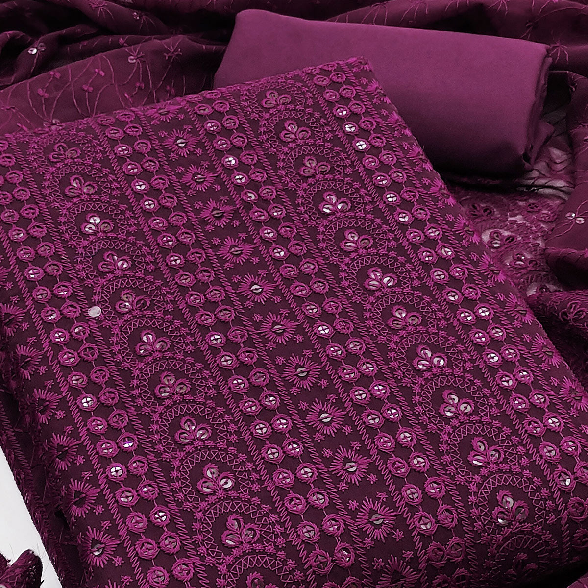 Wine Georgette Dress Material With Intricate Floral Thread & Sparkling Sequins Work