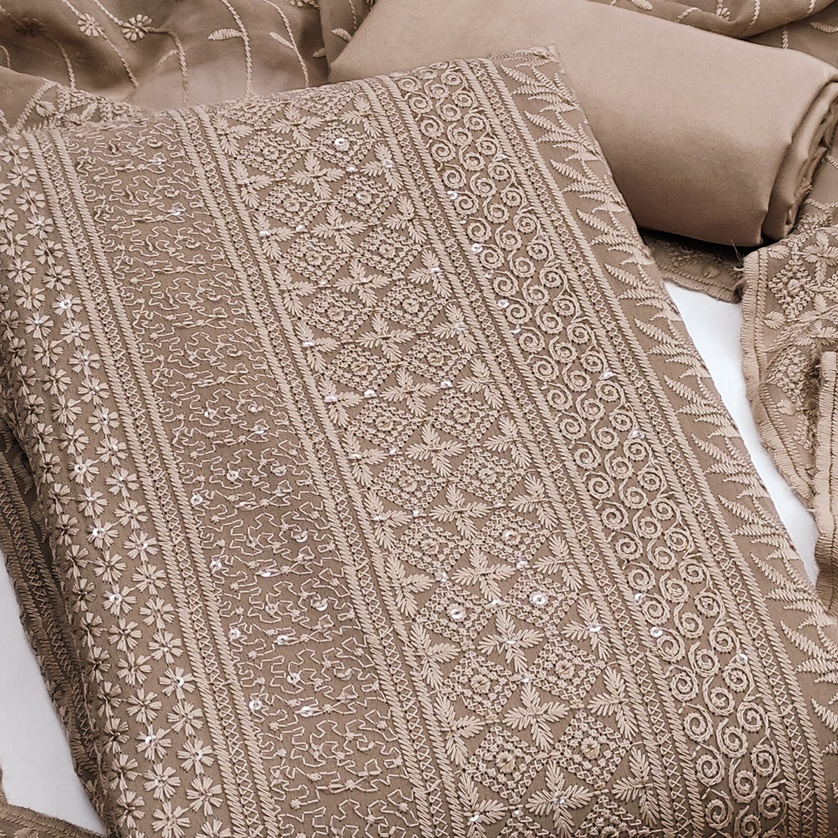 Brown Floral Thread Embroidery With Sequins Highlighted Georgette Dress Material