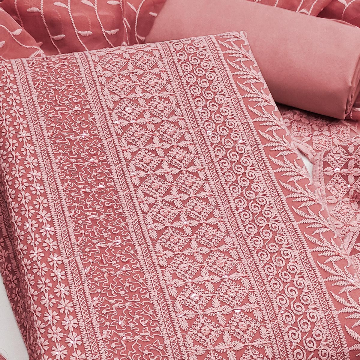 Coral Pink Floral Thread Embroidery With Sequins Highlighted Georgette Dress Material