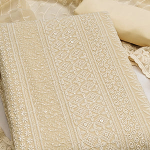 Cream Floral Thread Embroidery With Sequins Highlighted Georgette Dress Material
