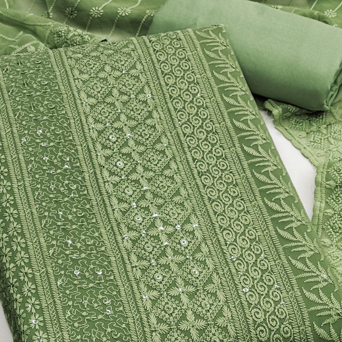 Green Floral Thread Embroidery With Sequins Highlighted Georgette Dress Material