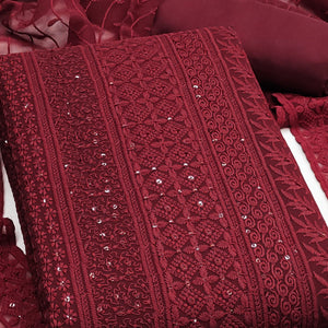 Maroon Floral Thread Embroidery With Sequins Highlighted Georgette Dress Material