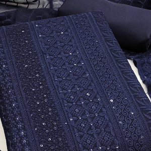 Navy Blue Floral Thread Embroidery With Sequins Highlighted Georgette Dress Material