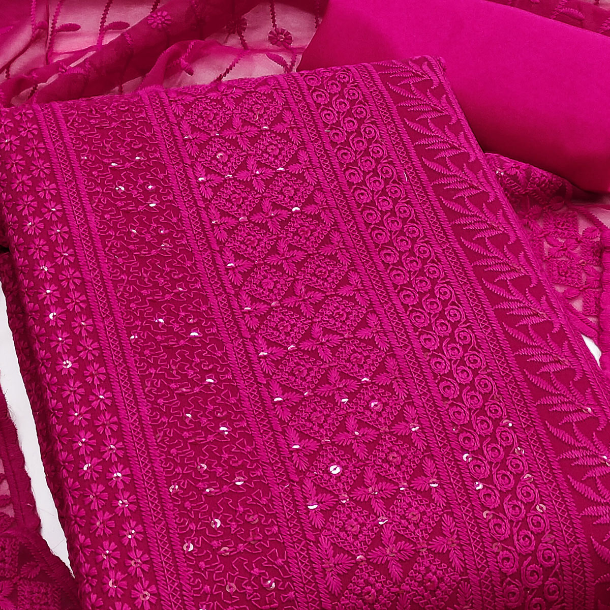 Rani Pink Floral Thread Embroidery With Sequins Highlighted Georgette Dress Material