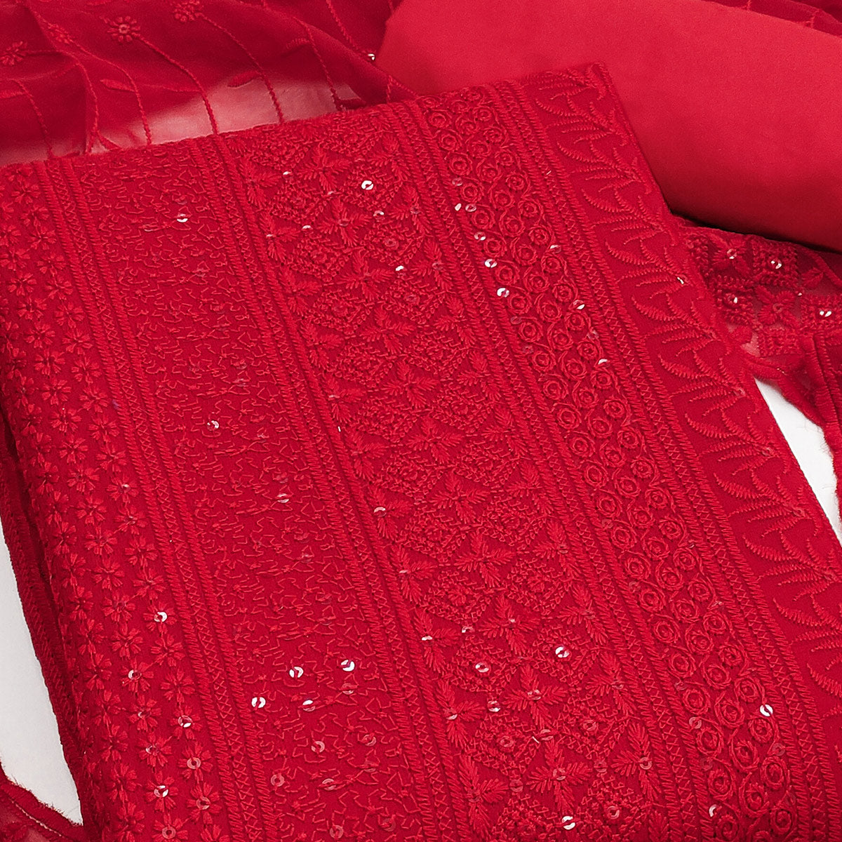 Red Floral Thread Embroidery With Sequins Highlighted Georgette Dress Material