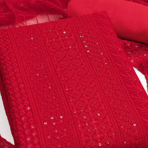 Red Floral Thread Embroidery With Sequins Highlighted Georgette Dress Material