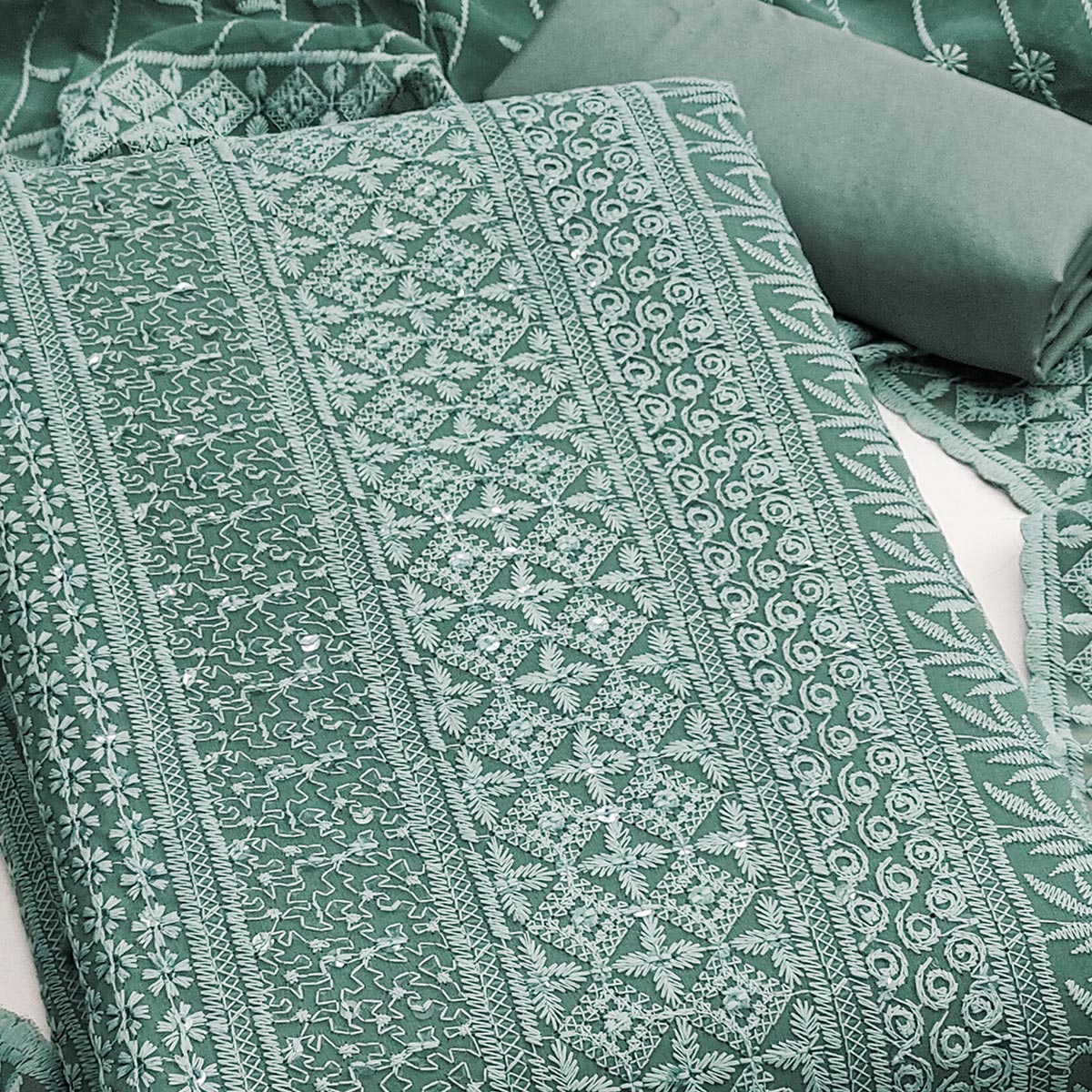 Sage Green Floral Thread Embroidery With Sequins Highlighted Georgette Dress Material