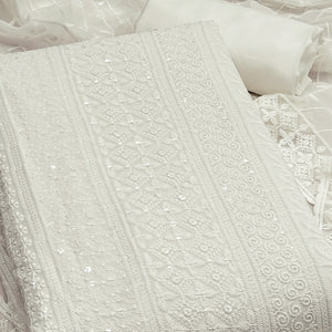 White Floral Thread Embroidery With Sequins Highlighted Georgette Dress Material