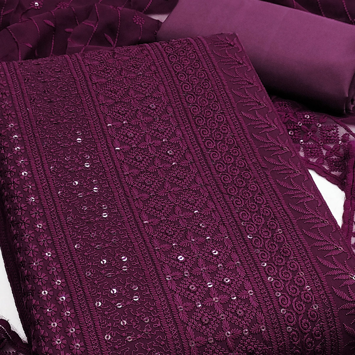 Wine Floral Thread Embroidery With Sequins Highlighted Georgette Dress Material