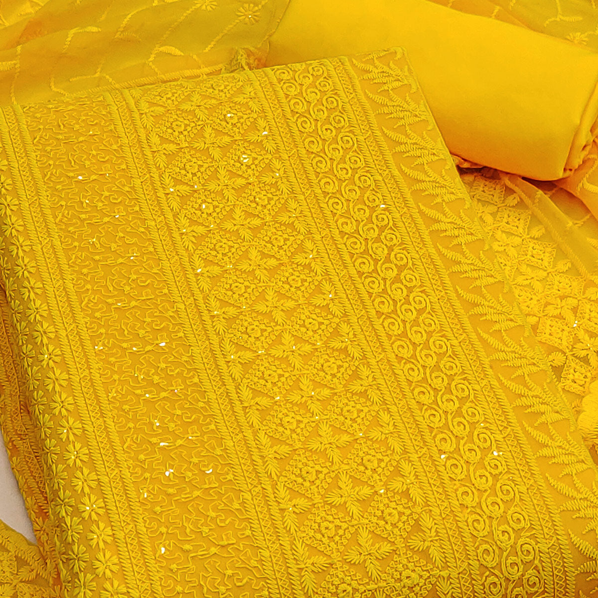 Yellow Floral Thread Embroidery With Sequins Highlighted Georgette Dress Material