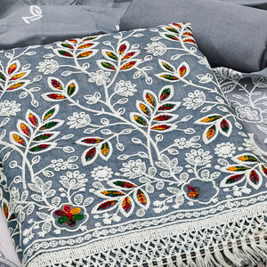 Grey Chanderi Silk Dress Material With Exquisite Floral Thread Embroidery