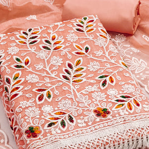 Orange Chanderi Silk Dress Material With Exquisite Floral Thread Embroidery