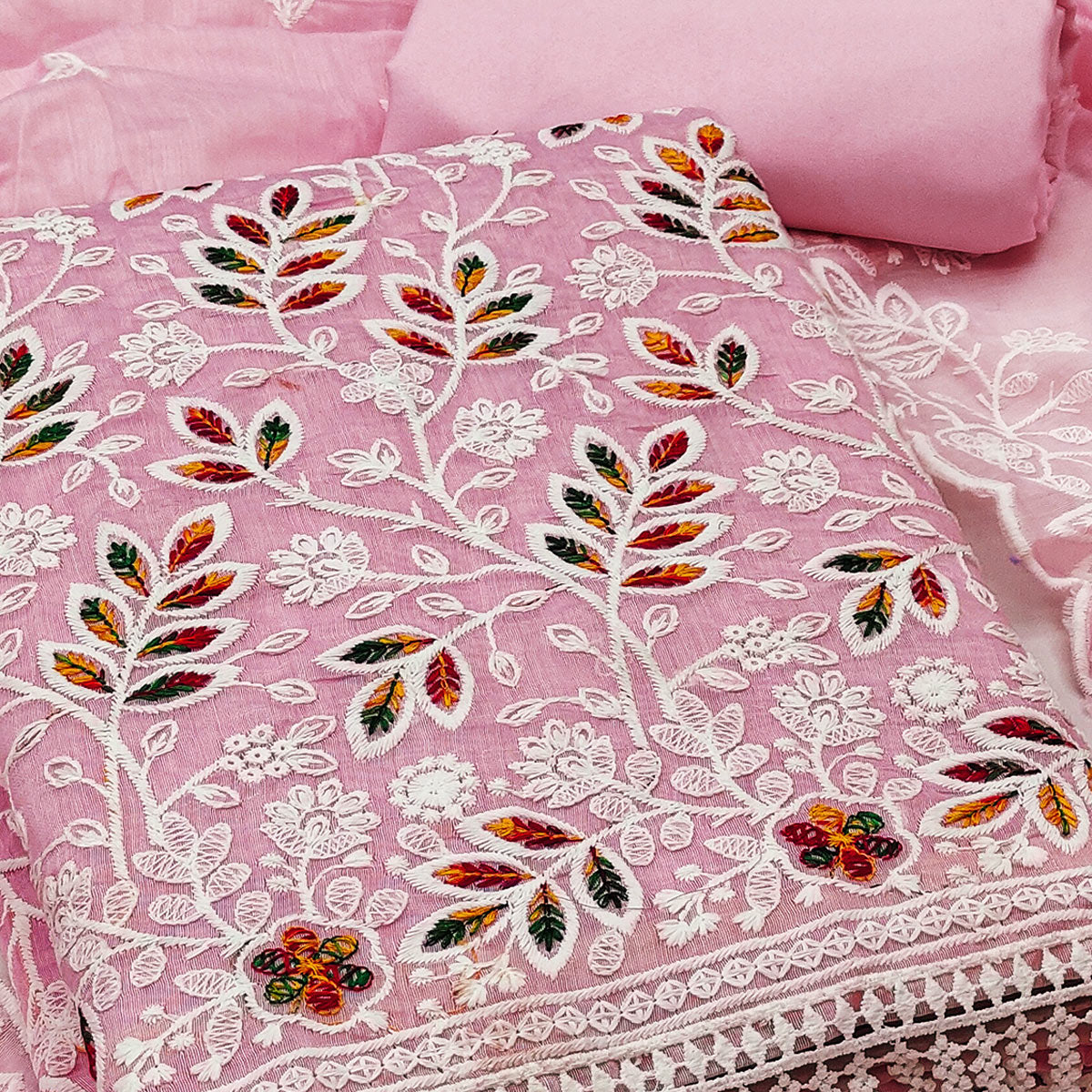 Pink Chanderi Silk Dress Material With Exquisite Floral Thread Embroidery
