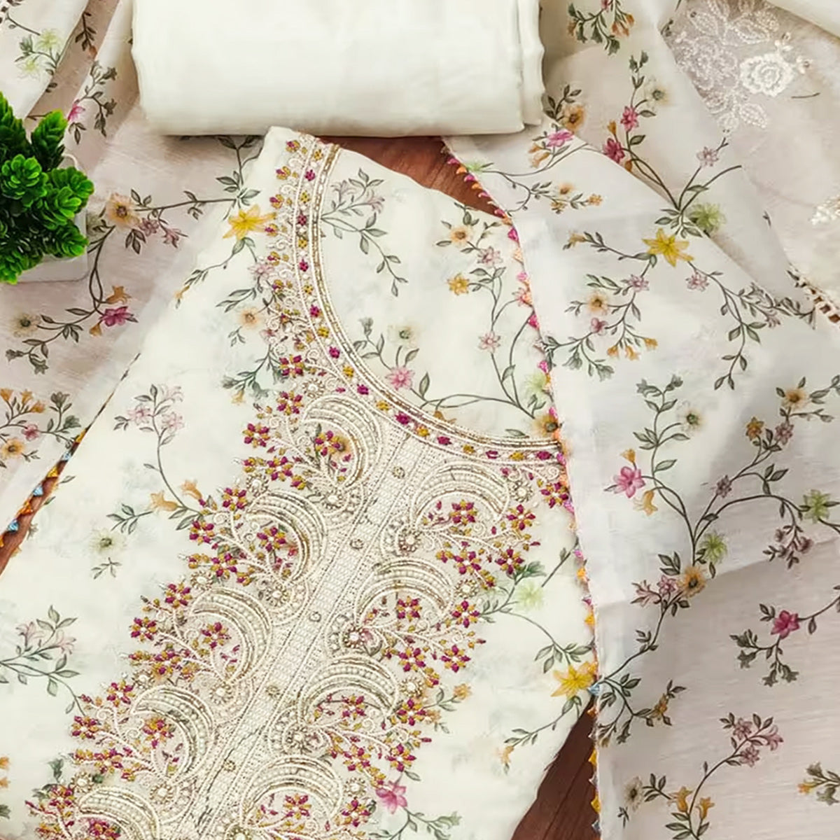 Classic Cream Floral Printed Modal Chanderi Silk Fabric Set Perfect for Festive