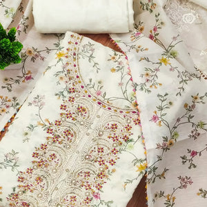 Classic Cream Floral Printed Modal Chanderi Silk Fabric Set Perfect for Festive