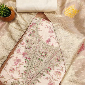 Cream & Pink Floral Printed Chanderi Silk Dress Material Adorned with Fine Embroidered Work